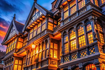 Macro shot of an English house front, evening light.