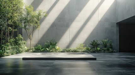 Sunlit atrium garden with empty platform, plants, and shadows