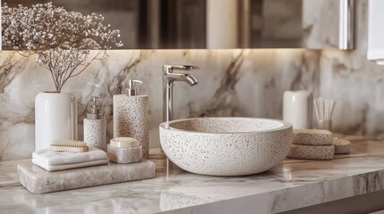 A collection of elegant bathroom accessories beautifully displayed on marble slabs.