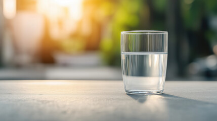 Glass of Clear Water on Table with Warm Sunlight and Blurred Green Background Creating a Peaceful and Refreshing Atmosphere in Nature