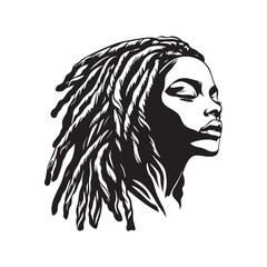 Stylized portrait of a Black woman with flowing dreadlocks, exuding confidence.