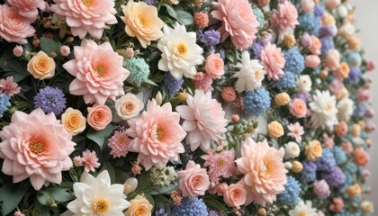 Artificial Flowers Wall with intricate details and soft pastel colors,  vintage style decor,  artificial flowers
