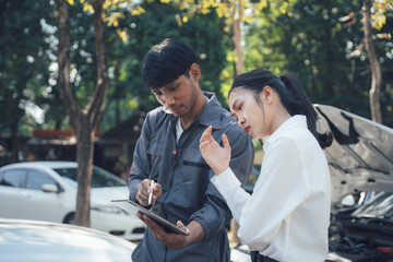 Car Trouble Consultation: A concerned female customer leans in as a male mechanic consults a digital tablet, providing roadside assistance and assessing car damage.