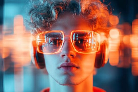 A person standing in a brightly lit room, surrounded by reflective surfaces, their expression showing paranoia as they see their reflection everywhere