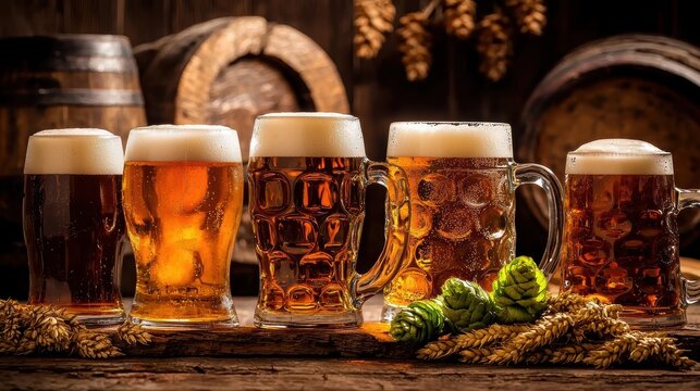 Fresh barley and hops complement the display of beers.