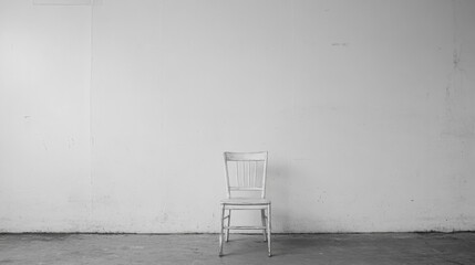 A solitary white chair positioned against a bare, textured wall in a minimalist setting