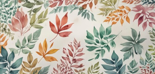 A small, colorful card with a watercolor design and a subtle pattern of leaves,  nature,  pastel colors