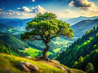 Obraz premium Mountainside tree tilt-shift, a verdant valley unfolds.