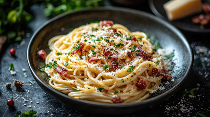 Fototapeta premium A gourmet spaghetti carbonara plated with crispy pancetta and shaved parmesan