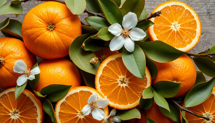 Fruit arrangement with vintage orange citruses, blossom, green leaves, cinematic, with white tones