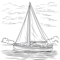 Simple Coloring Book Page Sailboat on Calm Water