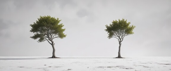 Fototapeta premium A solitary tree standing upright in a vast, empty space against a stark white backdrop , forest, tree