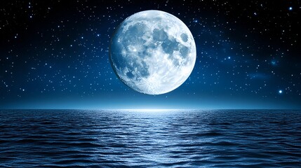 Majestic Night Sky with Stars and Full Moon Over Calm Ocean