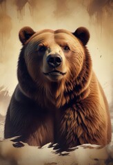 Obraz premium Brown bear in a distressed, retro-style artwork, cabin, brown, hunter