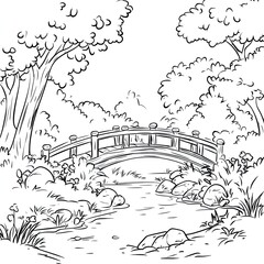 Obraz premium Simple Bridge River Coloring Book Easy Landscape Illustration for Creative Relaxation