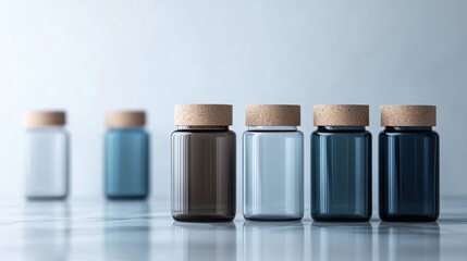 Row of six glass jars with cork stoppers. the jars are arranged in a line, with three on the left side of the image and two on the right side.