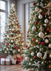 Fototapeta premium A White Fir Tree Adorned with Festive Decorations and Sparkling Ornaments, festive atmosphere, garlands