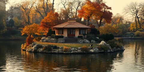 Fototapeta premium Autumn lake house, park setting, fall foliage