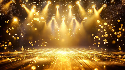 Glamorous Stage with Golden Spotlights, Symmetrical Design, Glittering Texture, and Starry Effects on Warm Brown Background. Festive Ambiance Evoking Awards Ceremony or Performance