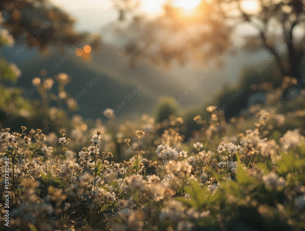 Poster a field of wildflowers illuminated by sunlight, with a blurred background of trees and hills.