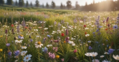 Fototapeta premium Blooming wildflowers in a meadow with gentle breeze, green, wildflowers