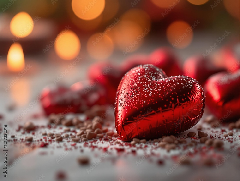 Poster a close-up of red heart-shaped ornaments with shiny surfaces, placed on a table with a blurred background that includes warm lights, creating a festive or romantic atmosphere.