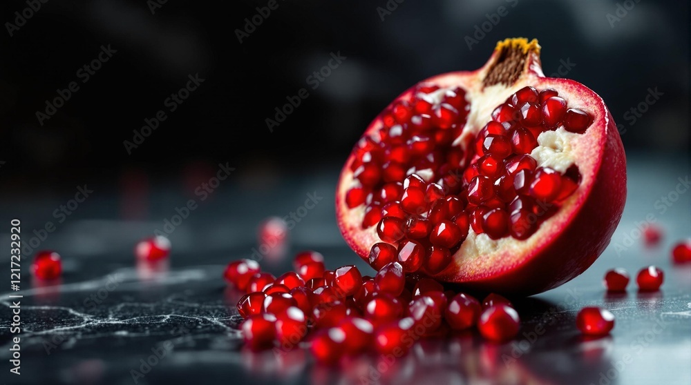 Poster a pomegranate cut in half, with red seeds scattered around it on a dark surface.