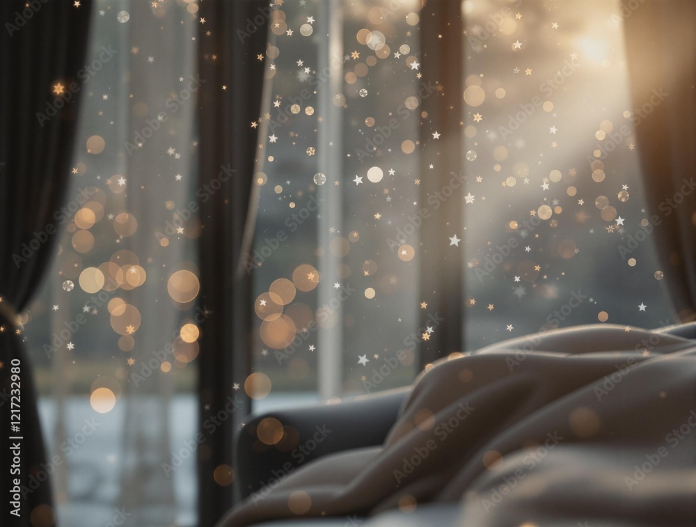 Poster a cozy living room with a large window covered by curtains, allowing natural light to stream in. a c