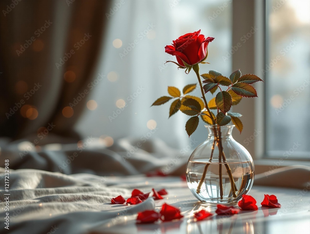 Poster a single red rose in a clear glass vase, placed on a surface with red rose petals scattered around. The background features a window with a blurred view of lights, creating a cozy and intimate atmosph