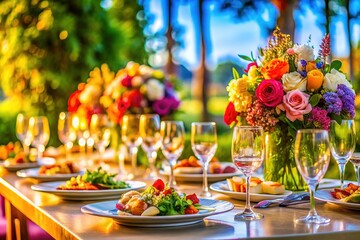 Panoramic wedding reception, exquisite plates and glasses, elegant ambiance.