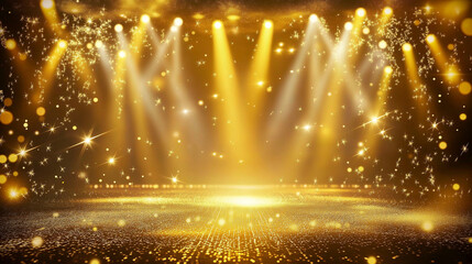 Glamorous Stage with Golden Spotlights, Symmetrical Design, Glittering Texture, and Starry Effects on Warm Brown Background. Festive Ambiance Evoking Awards Ceremony or Performance