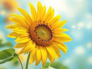 Obraz premium Sunflower Bloom - A vibrant sunflower with bright yellow petals and a dark center, set against a soft, blurred background of blue sky and greenery.