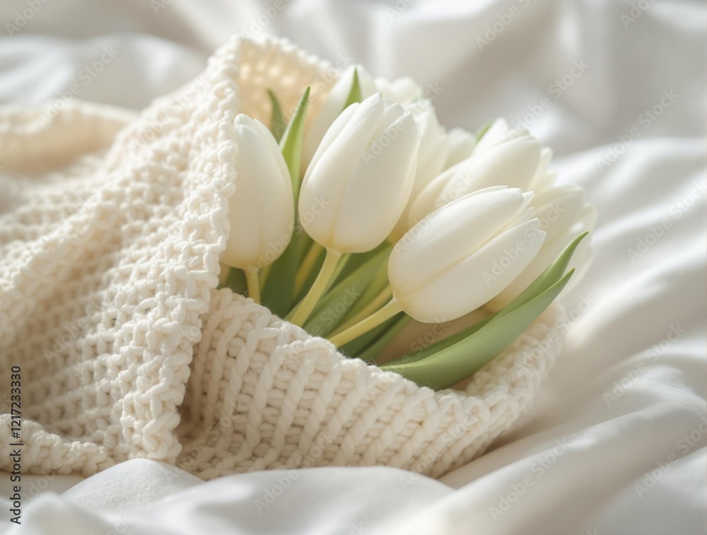 Poster a delicate bouquet of white tulips wrapped in a soft, textured linen cloth, creating a serene and el