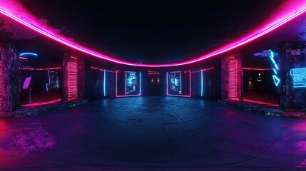 360 degree panorama of a dark room with neon lights vr environment map. 3D Illustration