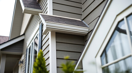 Modern House Exterior: Gray Siding, White Trim, and Architectural Details