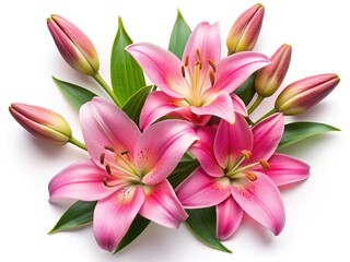 Pink flowers, green leaves frame lily buds, rule of thirds composition.