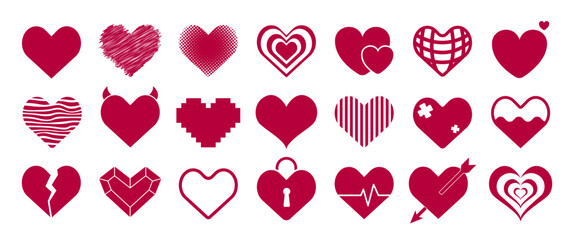 Red Hearts icon set, Isolated Heart shape symbol, Love and Valentine clip art for decoration, Love graphic elements, Editable vector stock