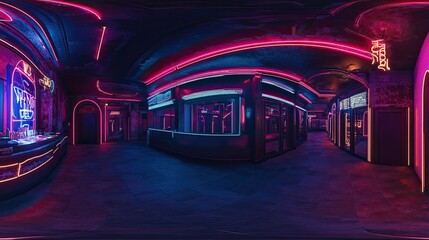 360 degree panorama of a dark room with neon lights vr environment map. 3D Illustration