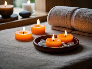 Photograph of Scented Candles with orange Tones and Spa Stones for Stress Relief