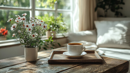 Cozy Coffee Break:  A rustic wooden table bathed in warm sunlight, features a steaming cup of coffee and delicate white flowers, inviting a moment of tranquility in a sunlit living space.