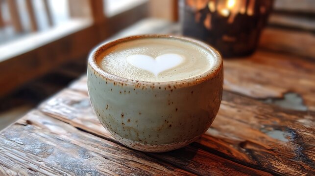 A close-up of a soy milk latte in a ceramic cup, with a heart-shaped foam design on top, placed on a rustic wooden table