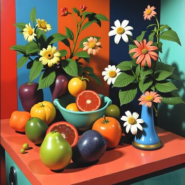 still life with fruits and flowers