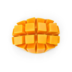 3D realistic PNG Ripe Mango Slice Cubed Mango isolated object for advertising elements, Fresh Japanese Elegant mango fruits on a white background, Mangoes are a rich source of VITAMIN A B C D 