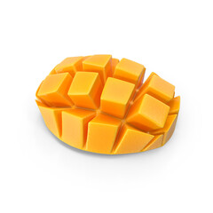 3D realistic PNG Ripe Mango Slice Cubed Mango isolated object for advertising elements, Fresh Japanese Elegant mango fruits on a white background, Mangoes are a rich source of VITAMIN A B C D 