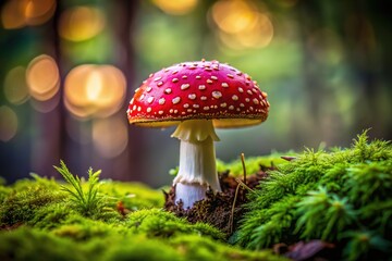 Red toadstool, tilted, sits amidst emerald moss.