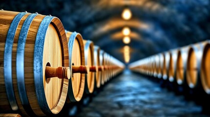 Rows of wooden barrels in a dimly lit cellar creating an inviting atmosphere for wine aging