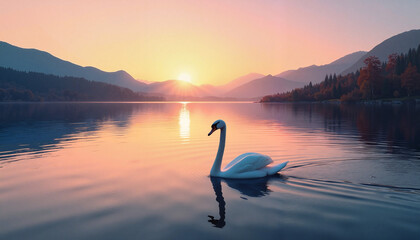 Fototapeta premium Serene swan swimming at sunset on tranquil mountain lake, nature's calm