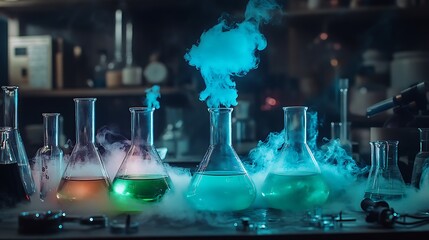 Colorful chemicals reacting in lab glassware with smoke.