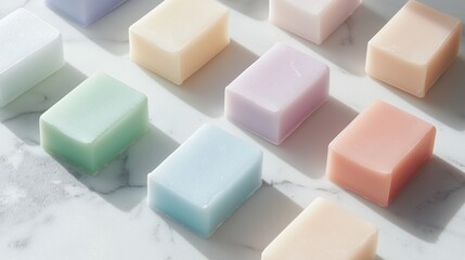 Obraz premium Group of small, square-shaped soaps arranged in a grid-like pattern on a white marble surface. the soaps are of different colors - white, light blue, pink, and light green.