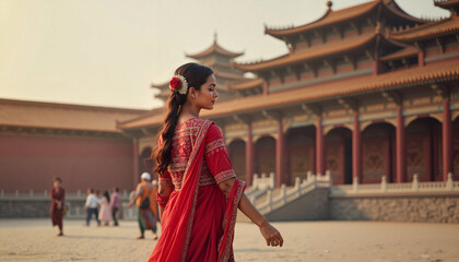 Fototapeta premium Woman in traditional attire walking near historical building, cultural celebration